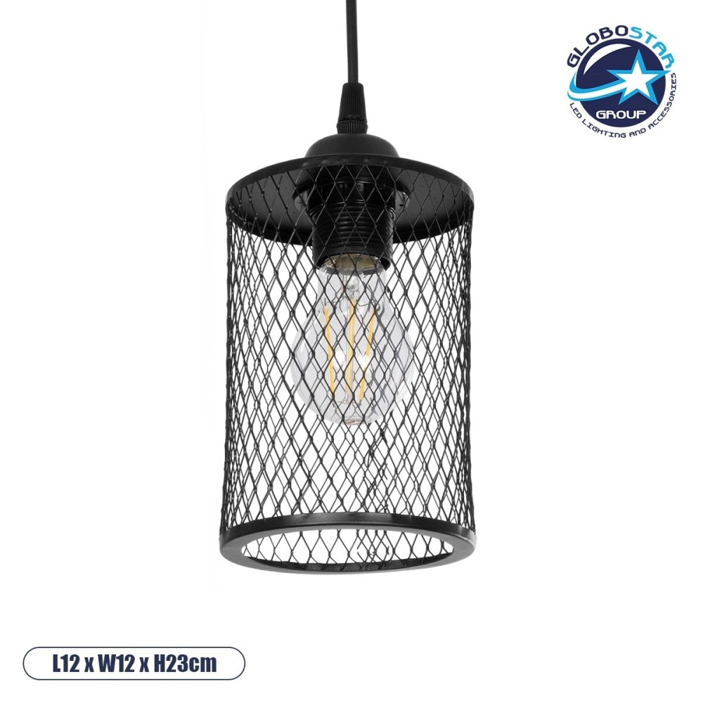 GLOBOSTAR® NOVAON 201-0058 Μοντέρνο Κρεμαστό Φωτιστικό Οροφής με Ντουί 1 x E27 AC 220-240V IP20 - Μαύρο - Μ12 x Π12 x Υ23cm